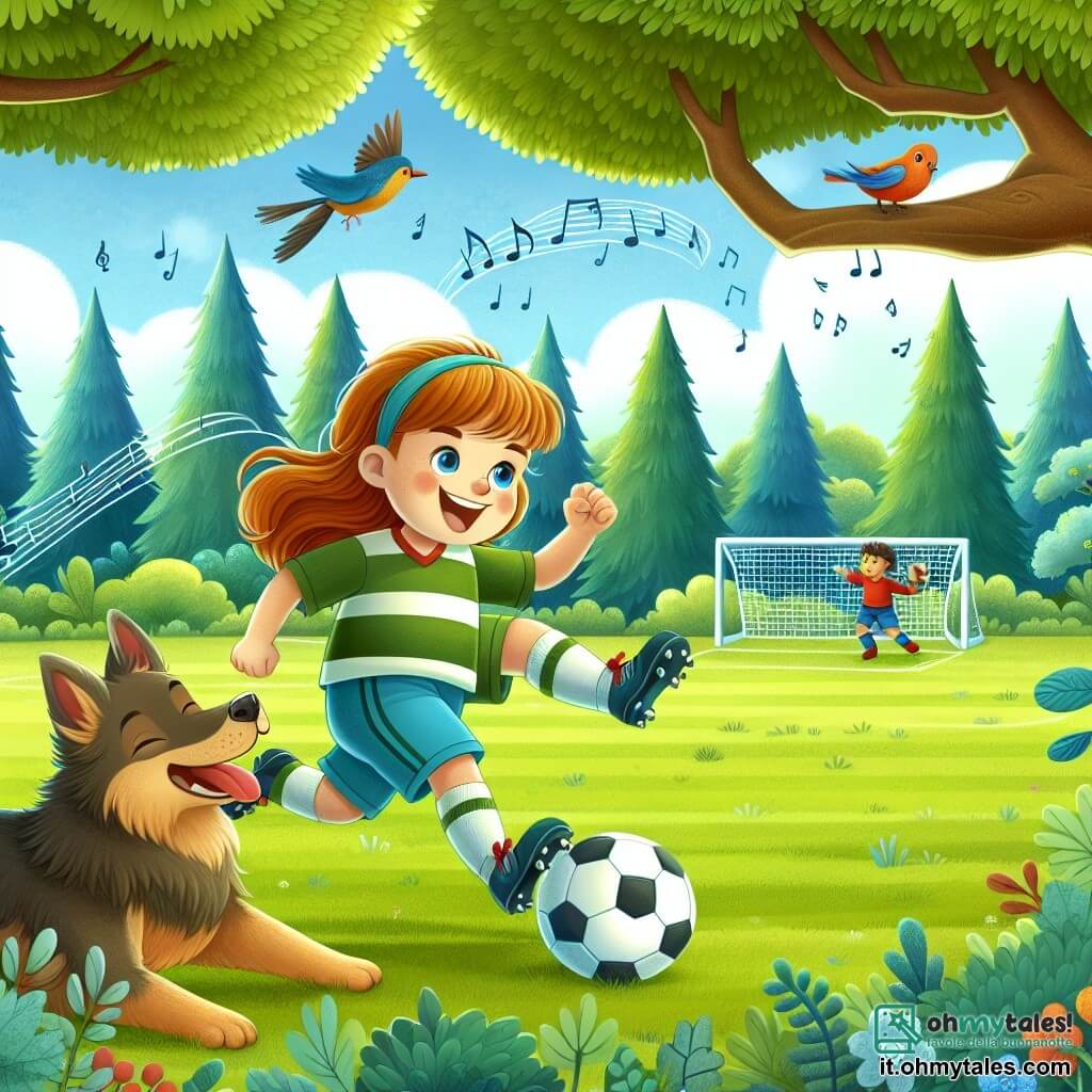 Une illustration destinée aux enfants représentant une jeune footballeuse pleine de détermination, accompagnée de son fidèle chien joueur, sur un terrain de football verdoyant entouré d'arbres colorés et d'oiseaux chantants.