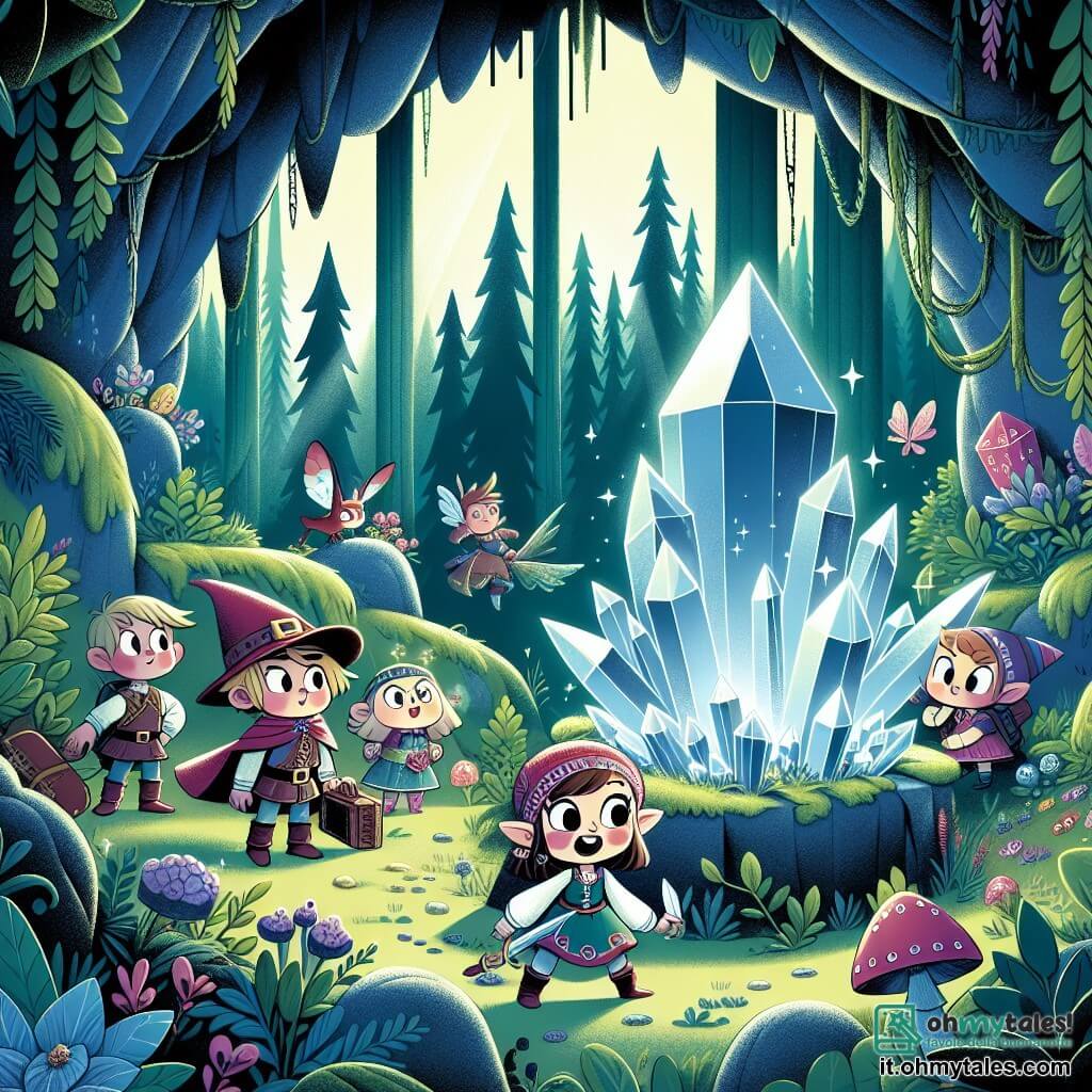 Une illustration destinée aux enfants représentant une petite fille intrépide, un garçon courageux, et un groupe d'amis aventuriers, explorant une grotte mystérieuse ornée de cristaux scintillants, cachant un artefact magique, dans une forêt luxuriante et pleine de mystères.