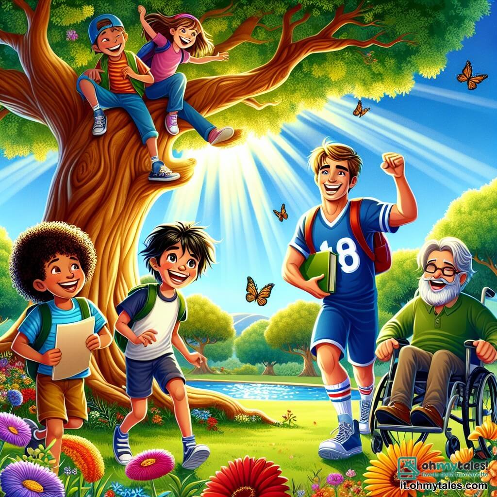 Illustrazione che rappresenta un parco soleggiato, pieno di fiori colorati e alberi maestosi. Al centro, un grande albero di quercia offre ombra, mentre un piccolo lago scintilla nelle vicinanze, riflettendo il cielo blu. Un ragazzo di 10 anni, con i capelli castani in disordine e un sorriso malizioso, sta arrampicandosi su un ramo basso dell'albero, ridendo a crepapelle. Accanto a lui, una ragazza di 9 anni, con capelli lunghi e biondi, tiene un quaderno da disegno e osserva con meraviglia. Un altro ragazzo di 11 anni, alto e atletico, fa gesti esagerati imitando un allenatore di calcio, mentre un bambino di 8 anni, con occhiali e un grande sorriso, è seduto nella sua sedia a rotelle, ridendo di cuore. La scena mostra gli amici intenti in una caccia al tesoro, alla ricerca di un indizio nascosto sotto l'albero. Risate risuonano e l'atmosfera è gioiosa e piena di cameratismo. Elementi grafici aggiuntivi includono una mappa disegnata a mano, fiori colorati intorno a loro e alcune farfalle che svolazzano nell'aria, aggiungendo un tocco di magia a questa avventura amichevole.