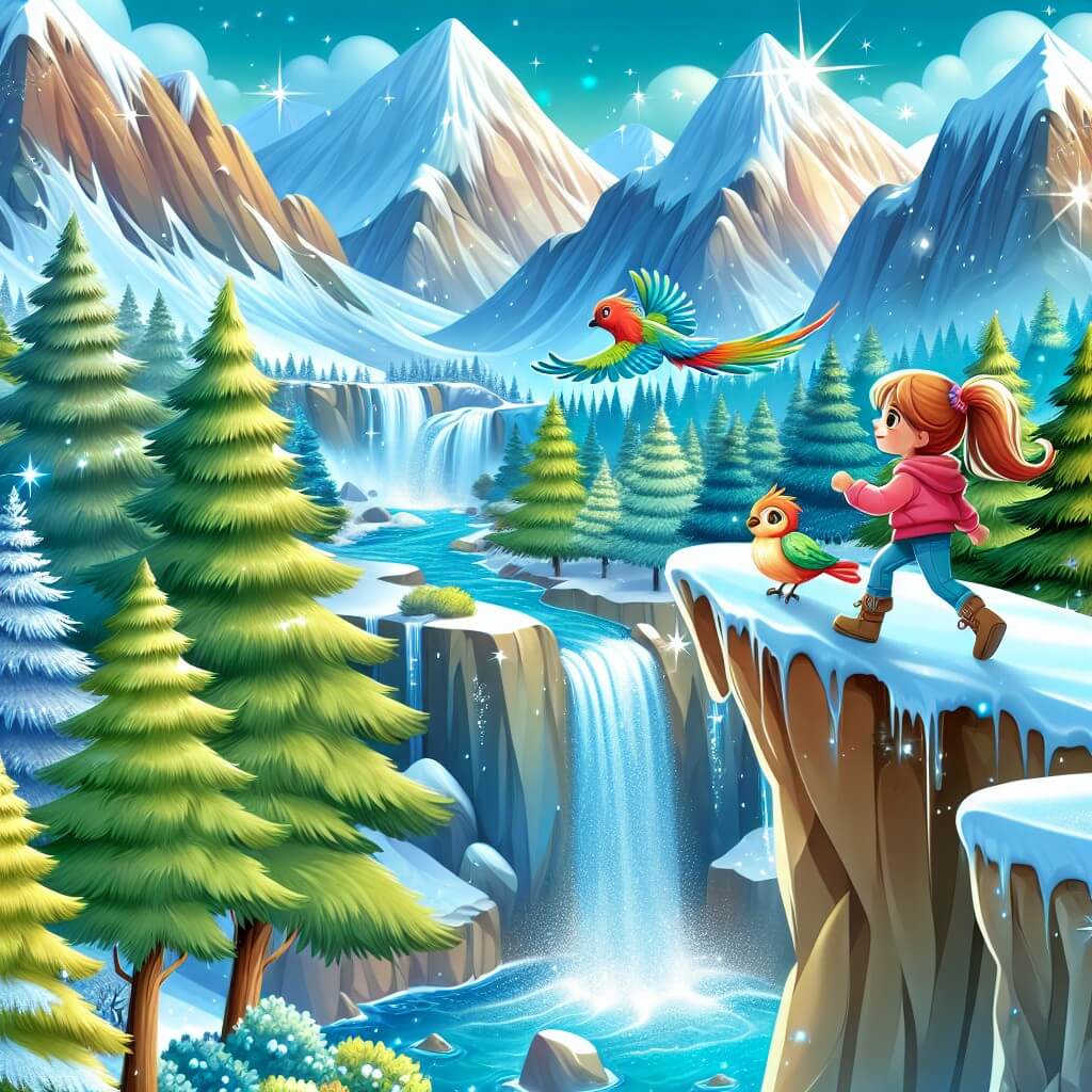 Une illustration destinée aux enfants représentant une jeune fille intrépide se tenant au bord d'une falaise escarpée, accompagnée d'un petit oiseau coloré, dans un monde féérique rempli de montagnes aux sommets enneigés, de cascades scintillantes et d'arbres majestueux.