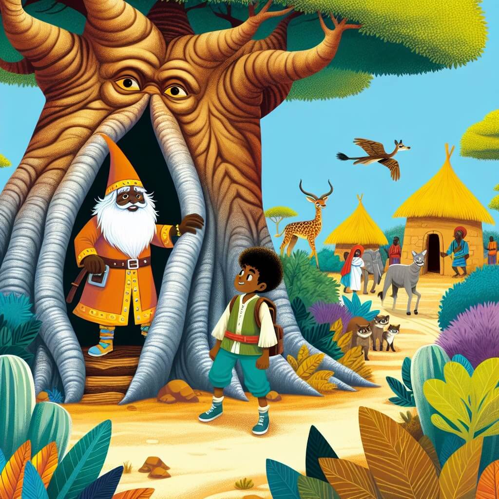 Une illustration destinée aux enfants représentant un jeune homme audacieux, se tenant au pied d'un majestueux baobab, découvrant une mystérieuse porte dissimulée dans l'écorce, révélant un sage barbu portant un chapeau pointu, dans un village africain vibrant de couleurs, où les animaux sauvages se mêlent à la vie quotidienne des habitants.