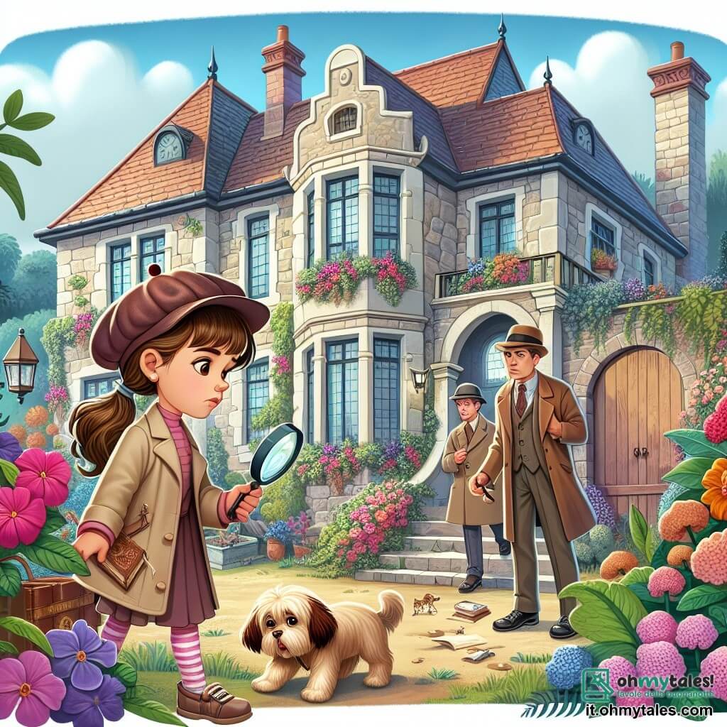 Une illustration sous forme de dessin destinée aux enfants représentant une villa ancienne et mystérieuse, entourée de fleurs colorées et d'un jardin en désordre, avec une jeune détective femme aux cheveux bruns, portant un beret et une loupe à la main, en train d'explorer la bibliothèque poussiéreuse, tandis qu'un petit chien beige aux grandes oreilles, visiblement curieux, fouille dans un coin du jardin, et deux hommes en manteaux sombres, l'air inquiet, discutent à l'entrée de la villa, créant une atmosphère de suspense et d'aventure.