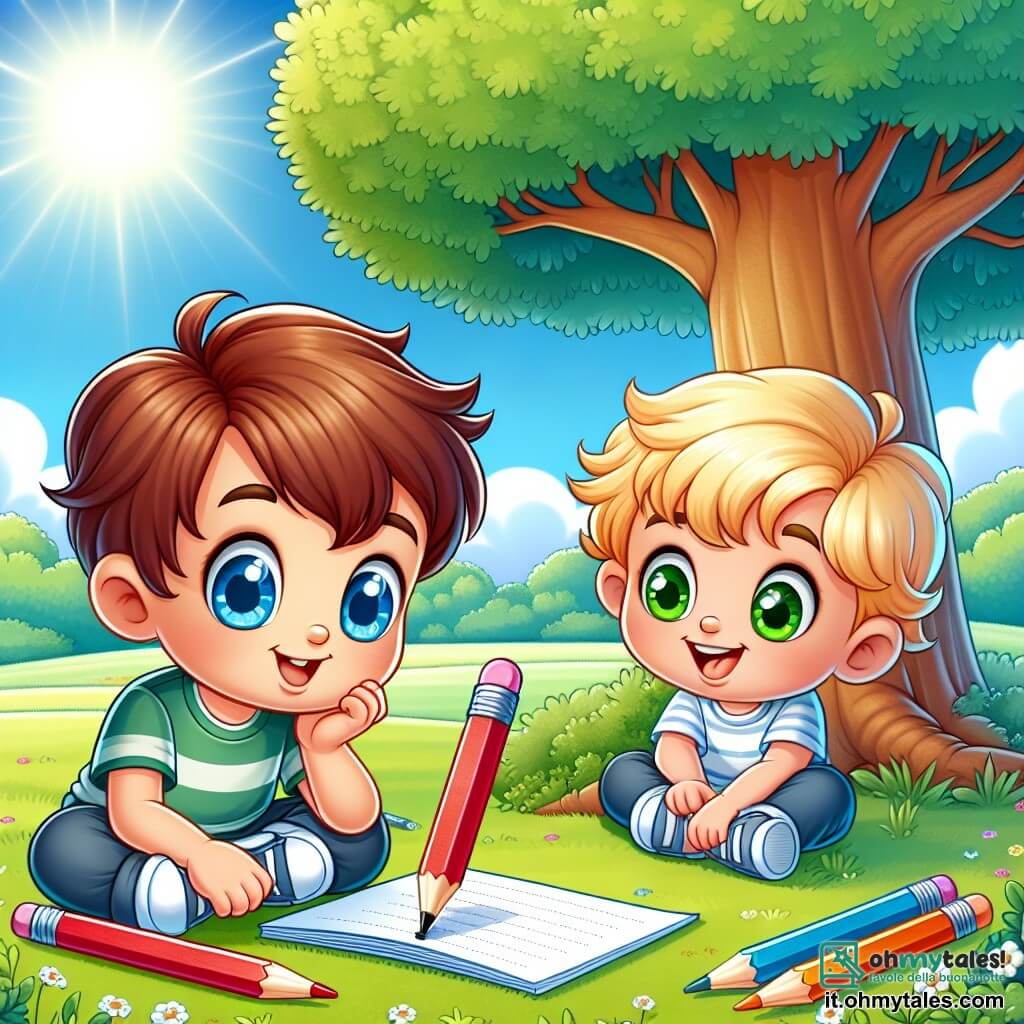 Une illustration sous forme de dessin destinée aux enfants représentant un parc ensoleillé avec un grand arbre au centre, où un garçon de 8 ans aux cheveux bruns et aux yeux bleus, assis sur l'herbe, écrit une lettre avec un crayon coloré, tandis qu'à côté de lui, un autre garçon de 8 ans aux cheveux blonds et aux yeux verts, souriant et curieux, l'observe avec enthousiasme, le tout illustrant leur moment de complicité alors qu'ils tentent d'aider leurs parents à mieux communiquer.
