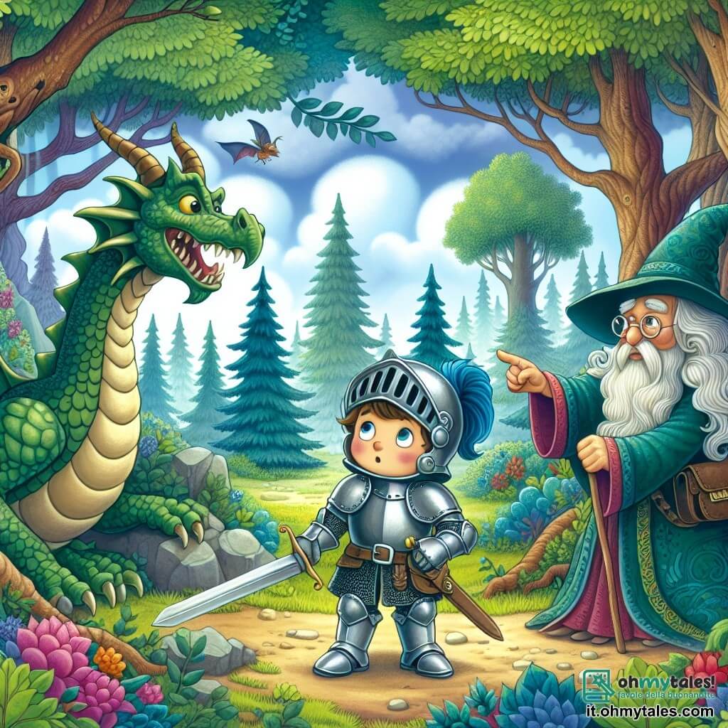 Une illustration destinée aux enfants représentant un noble chevalier courageux, prêt à affronter un dragon redoutable, avec l'aide d'un vieux stregone, dans une forêt enchantée aux arbres majestueux et aux couleurs chatoyantes.