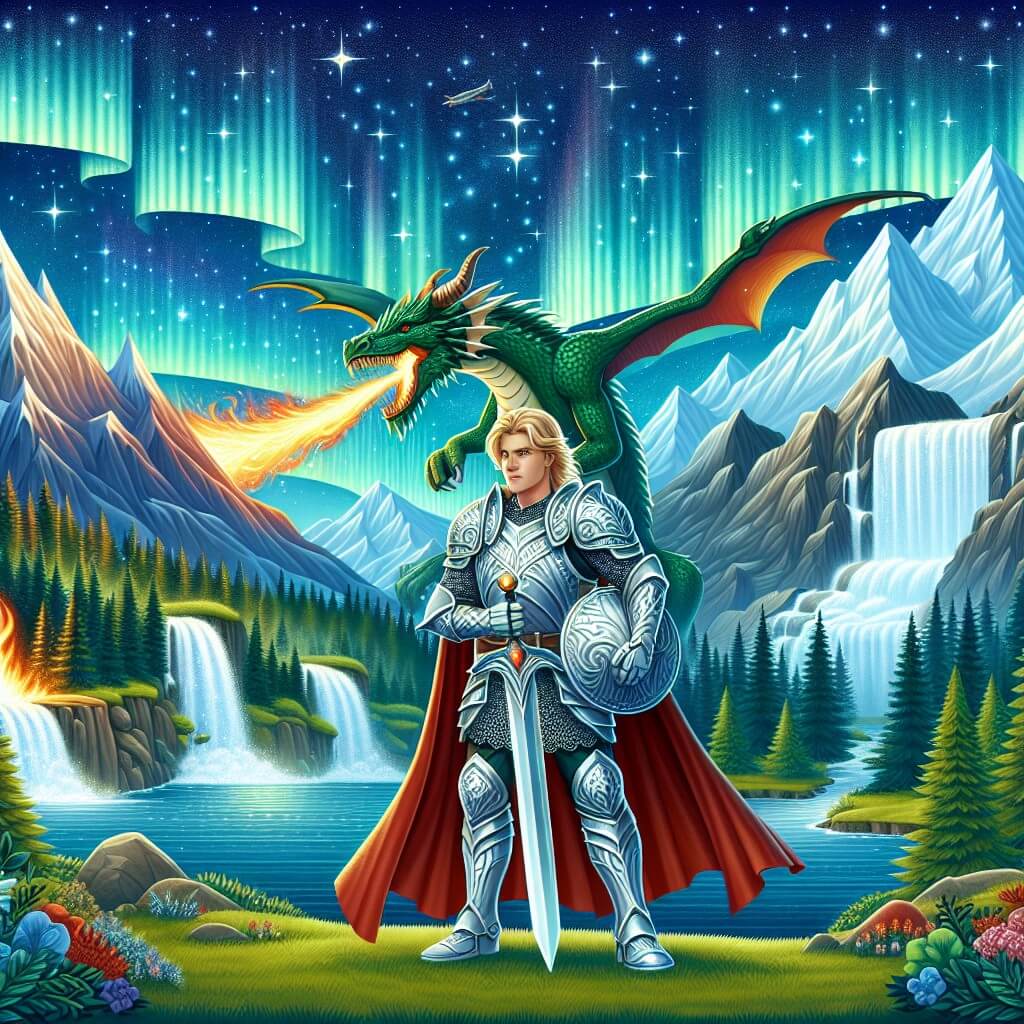 Une illustration destinée aux enfants représentant un homme courageux, vêtu d'une armure étincelante, tenant une épée magique, se tenant devant un majestueux dragon crachant des flammes, dans un paysage enchanteur de montagnes escarpées, parsemé de cascades cristallines et de forêts verdoyantes, où le ciel est illuminé par des étoiles scintillantes et des aurores boréales étincelantes.