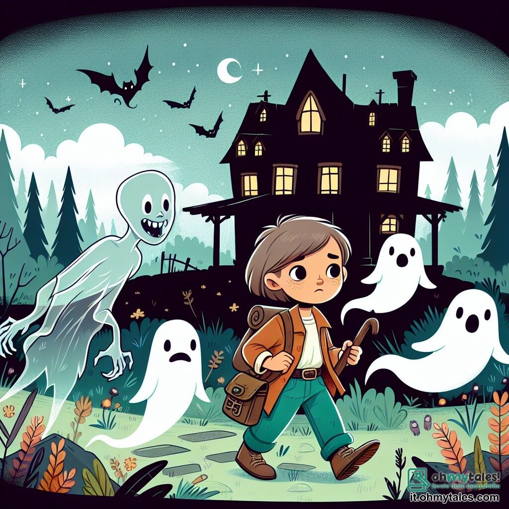 Une illustration destinée aux enfants représentant une jeune fille courageuse explorant une maison abandonnée hantée par des esprits tourmentés, accompagnée d'un esprit enfantin pâle et transparent, dans un petit village entouré de sombres forêts mystérieuses.