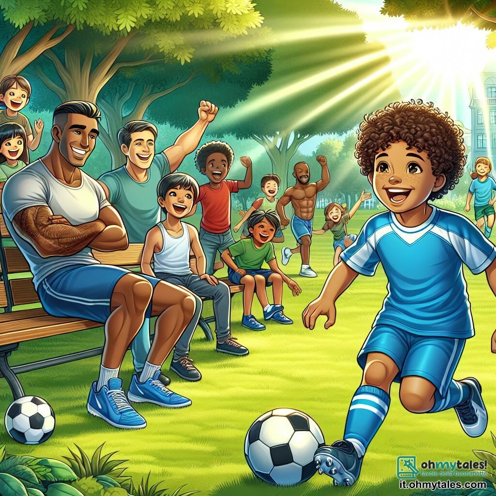 Une illustration sous forme de dessin destinée aux enfants représentant un parc verdoyant ensoleillé, avec un jeune garçon aux cheveux bruns et bouclés, portant un maillot de football bleu et un short, en train de dribbler un ballon avec un grand sourire sur le visage, tandis qu'un homme adulte musclé aux cheveux courts et portant une veste de sport observe et sourit, assis sur un banc, et plusieurs enfants de différents âges et origines, applaudissant et encourageant le garçon, créant une atmosphère joyeuse de camaraderie et de passion pour le football.