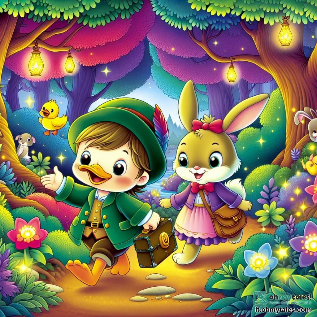 Une illustration destinée aux enfants représentant un canard espiègle garçon se lançant dans une chasse aux trésors avec son amie lapine fille dans une forêt enchantée aux arbres colorés et aux fleurs lumineuses.