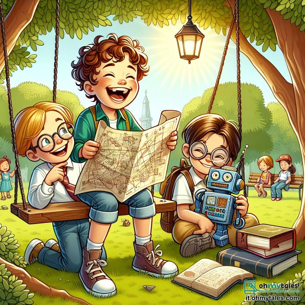 Une illustration sous forme de dessin destinée aux enfants représentant un parc ensoleillé avec des arbres verdoyants et une grande pelouse, où un garçon de 11 ans aux cheveux bouclés et au sourire éclatant est assis sur une balançoire, riant aux éclats en tenant une carte au trésor dessinée à la main, tandis qu'une fille aux cheveux longs et bruns, astucieuse et souriante, se penche pour examiner un vieux livre sur une panchina à côté d'un garçon timide aux lunettes, tenant un robot en peluche, tous trois partageant un moment de joie en cherchant des objets cachés pour une chasse au trésor amusante.