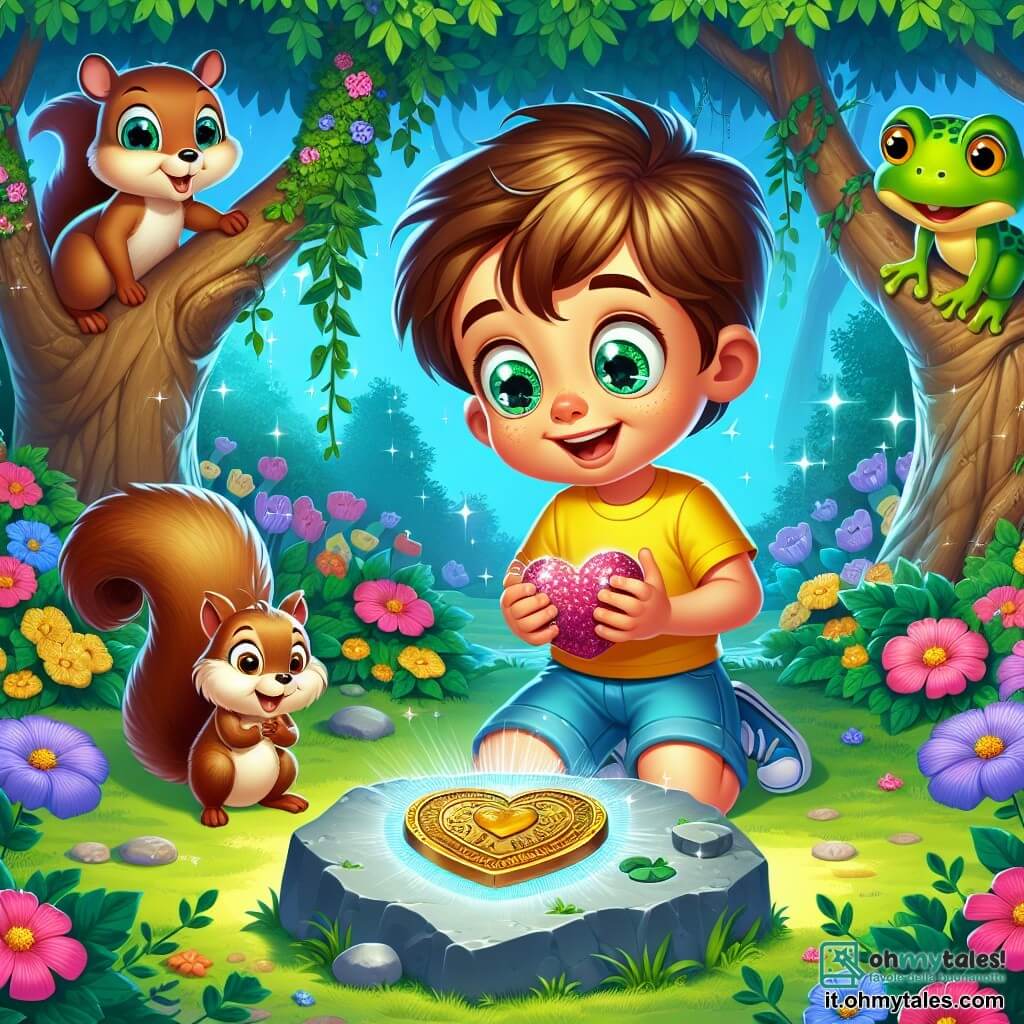 Une illustration sous forme de dessin destinée aux enfants représentant un jardin enchanté, rempli de fleurs colorées et d'arbres majestueux, où un garçon de 5 ans aux cheveux bruns et aux yeux pétillants, vêtu d'un t-shirt jaune et d'un short bleu, explore avec émerveillement une petite carte au trésor, tandis qu'un petit écureuil aux yeux vifs et une grenouille verte aux taches jaunes l'observent curieusement depuis un tronc d'arbre, capturant l'instant magique de la découverte d'un trésor caché sous une pierre en forme de cœur.
