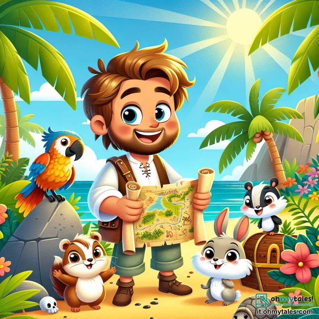 Une illustration sous forme de dessin destinée aux enfants représentant une île tropicale ensoleillée, avec des palmiers verdoyants et des fleurs colorées, où un homme courageux aux cheveux bruns et à la barbe légère, vêtu d'une chemise blanche et d'un pantalon en toile, tient une carte au trésor tout en souriant, entouré d'un groupe d'animaux adorables : un coniglio aux grandes oreilles qui regarde curieusement, un pappagallo aux plumes éclatantes qui semble parler, et un riccio timide qui se cache derrière une pierre, tous prêts à l'aider à découvrir le trésor caché dans une caverne mystérieuse.