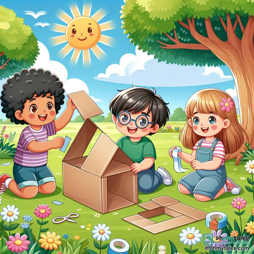 Illustrazione che rappresenta un parco soleggiato, con un prato verde punteggiato di fiori colorati che danzano dolcemente al vento. Al centro dell'immagine, tre bambini di cinque anni stanno costruendo una casa di cartone. Un ragazzo dai capelli neri e ricci, con un grande sorriso, piega un pezzo di cartone a forma di triangolo per il tetto. Accanto a lui, un altro ragazzo, con occhiali tondi e capelli castani, tiene un pezzo di cartone rotondo, concentrato. Infine, una bambina dai capelli biondi e lisci, con un sorriso splendente, li guarda con entusiasmo mentre tiene del nastro adesivo per aiutarli a montare i pezzi. Sullo sfondo, alberi maestosi offrono ombra, e un cielo azzurro chiaro aggiunge un tocco di gioia alla scena. I bambini sembrano felici, impegnati nella loro attività, illustrando l'importanza dell'amicizia e della collaborazione.