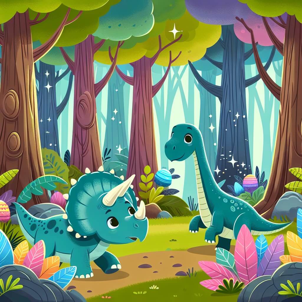 Une illustration destinée aux enfants représentant un tricératops curieux, se retrouvant dans une mystérieuse forêt enchantée, accompagné d'un brachiosaure perdu, entourés d'arbres gigantesques aux couleurs vives et de plantes magiques.