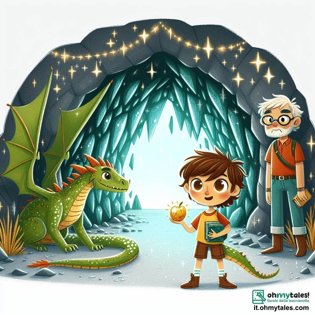 Une illustration sous forme de dessin destinée aux enfants représentant une grotte mystérieuse aux parois scintillantes, où un jeune garçon aux cheveux bruns et aux yeux pétillants, vêtu d'un t-shirt coloré et d'un short, se tient courageusement devant l'entrée, tenant une pomme dorée comme offrande, tandis qu'à ses côtés, son ami, un garçon plus âgé avec des lunettes et un livre à la main, l'encourage avec un sourire, alors qu'ils s'apprêtent à rencontrer un majestueux dragon aux écailles vertes, qui les observe avec curiosité, symbolisant le début de leur grande aventure d'explorateurs.