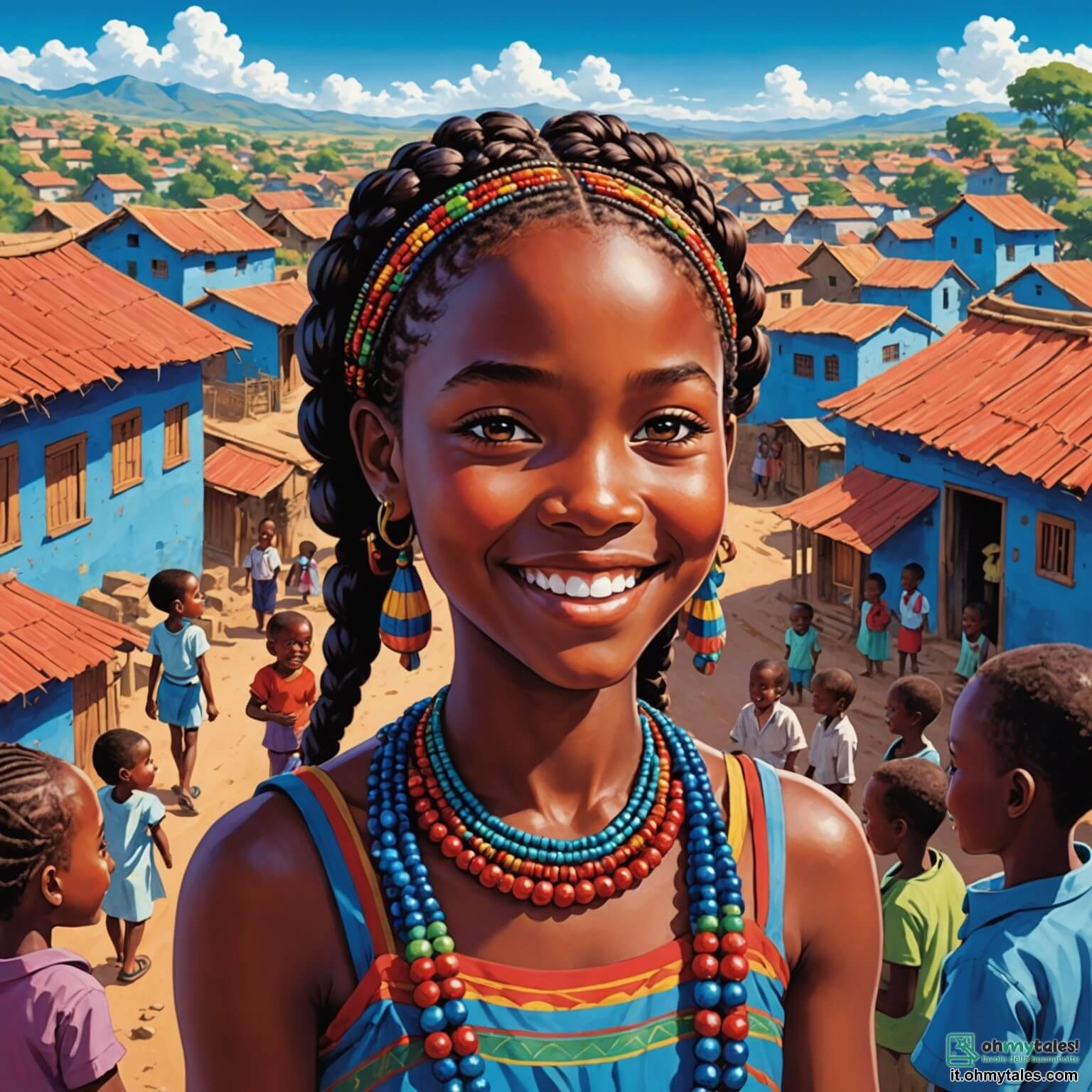 Une illustration destinée aux enfants représentant une femme au sourire éclatant, aux cheveux tressés ornés de perles colorées, qui se tient au milieu d'un village africain vibrant de vie, où des maisons aux murs peints de couleurs vives, comme le rouge flamboyant et le bleu azur, s'alignent sous un ciel d'un bleu profond, tandis qu'elle raconte des histoires captivantes à un groupe d'enfants aux yeux pétillants de curiosité, entourés de grands baobabs aux troncs noueux et de rivières scintillantes serpentant à travers la verdure luxuriante, et où se trouvent également un homme fort à la peau sombre, qui partage des récits de sa terre lointaine, et une petite femme joyeuse, dont le rire résonne comme une mélodie, tous unis par la magie des contes et la célébration de la diversité.