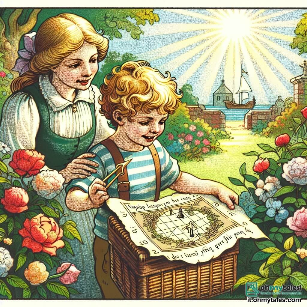 Une illustration destinée aux enfants représentant un petit garçon curieux et vivace, préparant une caccia al tesoro pour la fête de son papa, avec l'aide complice de sa maman, dans leur jardin fleuri baigné de soleil.