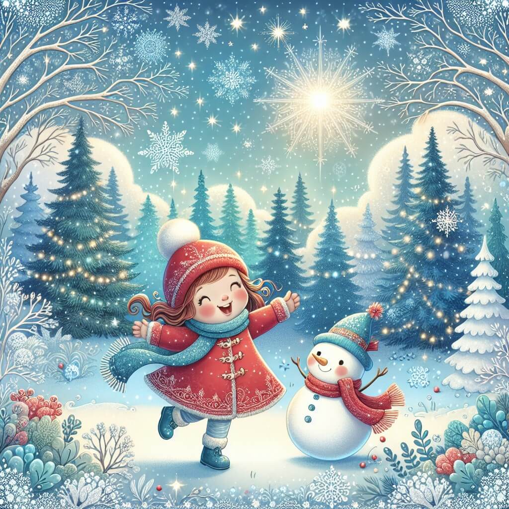 Une illustration destinée aux enfants représentant une petite fille vêtue d'un manteau rouge, qui joue joyeusement dans un paysage hivernal enneigé, accompagnée d'un adorable bonhomme de neige, au milieu d'une forêt enchantée avec des arbres couverts de neige étincelante et des flocons qui dansent dans le ciel bleu glacé.