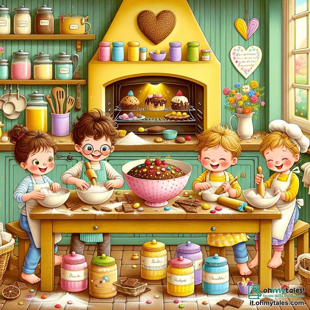 Illustrazione che rappresenta una cucina luminosa e accogliente, con pareti dipinte di giallo pastello e mensole piene di barattoli colorati. Al centro, un grande tavolo di legno è coperto di farina, cioccolato e utensili da cucina. Tre bambini sono presenti: un ragazzo di sei anni con capelli ricci e occhiali rotondi, che mescola con entusiasmo una grande ciotola di impasto per dolci; un ragazzo di sei anni con capelli castani e lisci, che rompe un uovo con cautela; e un altro ragazzo di sei anni, con capelli biondi e un grande sorriso, che decora una bella torta con caramelle colorate. La scena mostra i bambini mentre preparano una sorpresa per la festa del papà, circondati da un delizioso profumo di cioccolato nell'aria. Risate echeggiano mentre si aiutano a vicenda, con schizzi di impasto sui loro visi gioiosi. Sullo sfondo, un forno aperto emana un dolce calore, mentre un grande cuore di carta con un messaggio d'amore per i loro papà è appeso al muro.