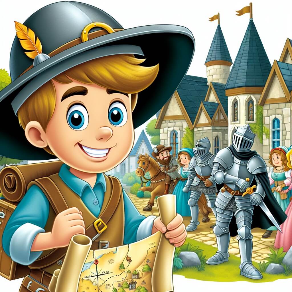 Une illustration destinée aux enfants représentant un jeune aventurier souriant, portant un chapeau d'explorateur et tenant une carte au trésor, découvrant un monde médiéval rempli de chevaliers en armure et de dames élégantes, dans un village pittoresque avec des maisons en pierre et des rues pavées.