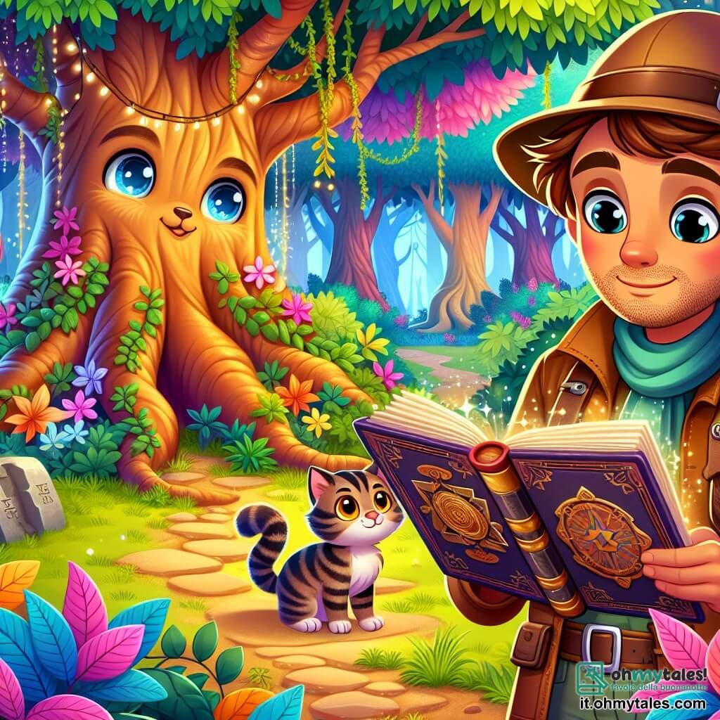 Une illustration sous forme de dessin destinée aux enfants représentant une forêt enchantée aux arbres gigantesques aux feuilles multicolores, où un homme courageux aux cheveux bruns et aux yeux pétillants, portant un chapeau d'explorateur et une veste en cuir, examine avec émerveillement un ancien livre de magie, tandis qu'un petit chat aux yeux brillants et au pelage rayé l'observe curieusement, le tout dans une ambiance lumineuse et joyeuse, capturant l'instant où ils découvrent les mystères de l'île secrète.