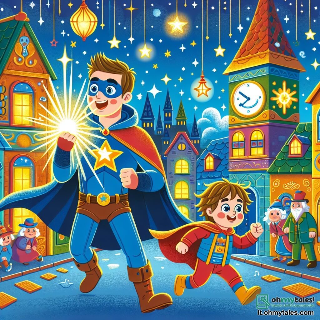 Une illustration sous forme de dessin destinée aux enfants représentant une ville colorée et lumineuse, avec des maisons aux teintes vives et des lampions scintillants, où un jeune homme au costume bleu et à la grande étoile dorée sur le torse utilise ses mains pour créer une lumière éclatante, tandis qu'à ses côtés, un petit garçon aux cheveux ébouriffés et à la tenue rouge court rapidement, prêt à l'aider à réparer une vieille tour de l'horloge qui ne fonctionne plus, entourés d'habitants curieux et inquiets, tous admirant le courage et l'amitié des deux super-héros.