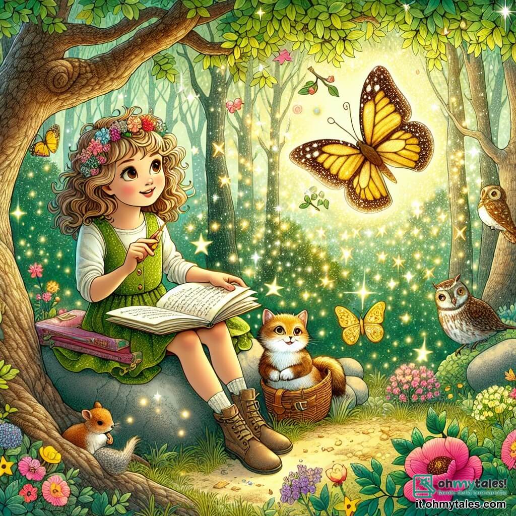 Une illustration sous forme de dessin destinée aux enfants représentant une forêt enchantée, avec des arbres aux feuilles scintillantes et des fleurs colorées, où une fille de 11 ans, aux cheveux bouclés et aux yeux pétillants, est assise sur une grosse pierre, un taccuino ouvert sur ses genoux, en train d'écouter une farfalla dorata aux ailes brillantes qui lui raconte des histoires magiques, tandis qu'en arrière-plan, des animaux curieux, comme un écureuil et un hibou, observent la scène avec intérêt, illustrant le moment où la jeune fille découvre la beauté des contes philosophiques et le pouvoir de la connaissance.
