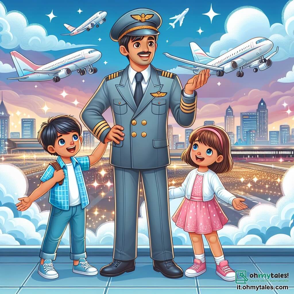 Une illustration destinée aux enfants représentant un pilote d'avion, un petit garçon passionné par l'aviation, accompagné de sa sœur, une fillette curieuse, dans un aéroport animé entouré d'avions scintillants et de nuages moelleux, prêts à vivre une aventure aérienne inoubliable.