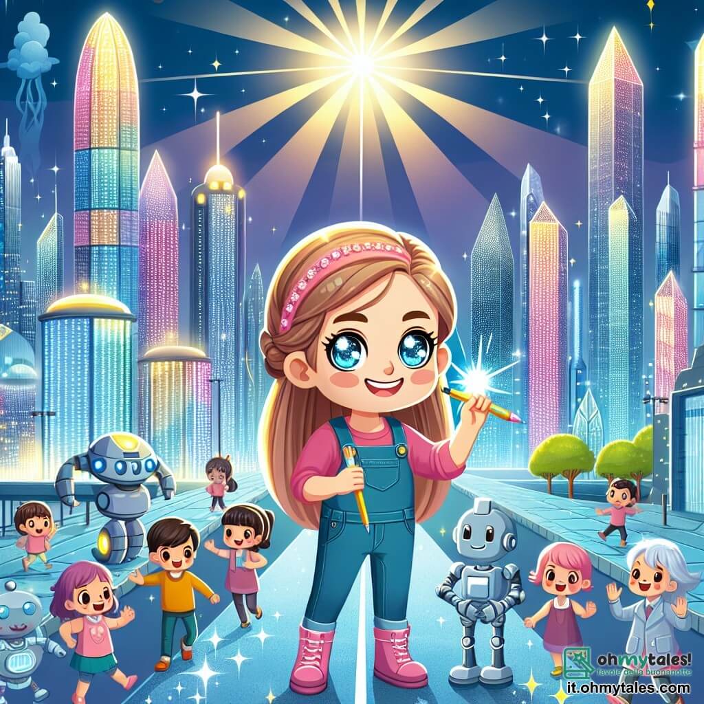 Une illustration destinée aux enfants représentant une fille avec des yeux brillants, qui lance un projet pour rendre sa ville futuriste plus verte, avec l'aide de ses amis et des robots, dans la magnifique cité de Cristallo, aux rues illuminées par des lumières fluorescentes et des bâtiments de verre réfléchissant les rayons du soleil comme des prismes colorés.