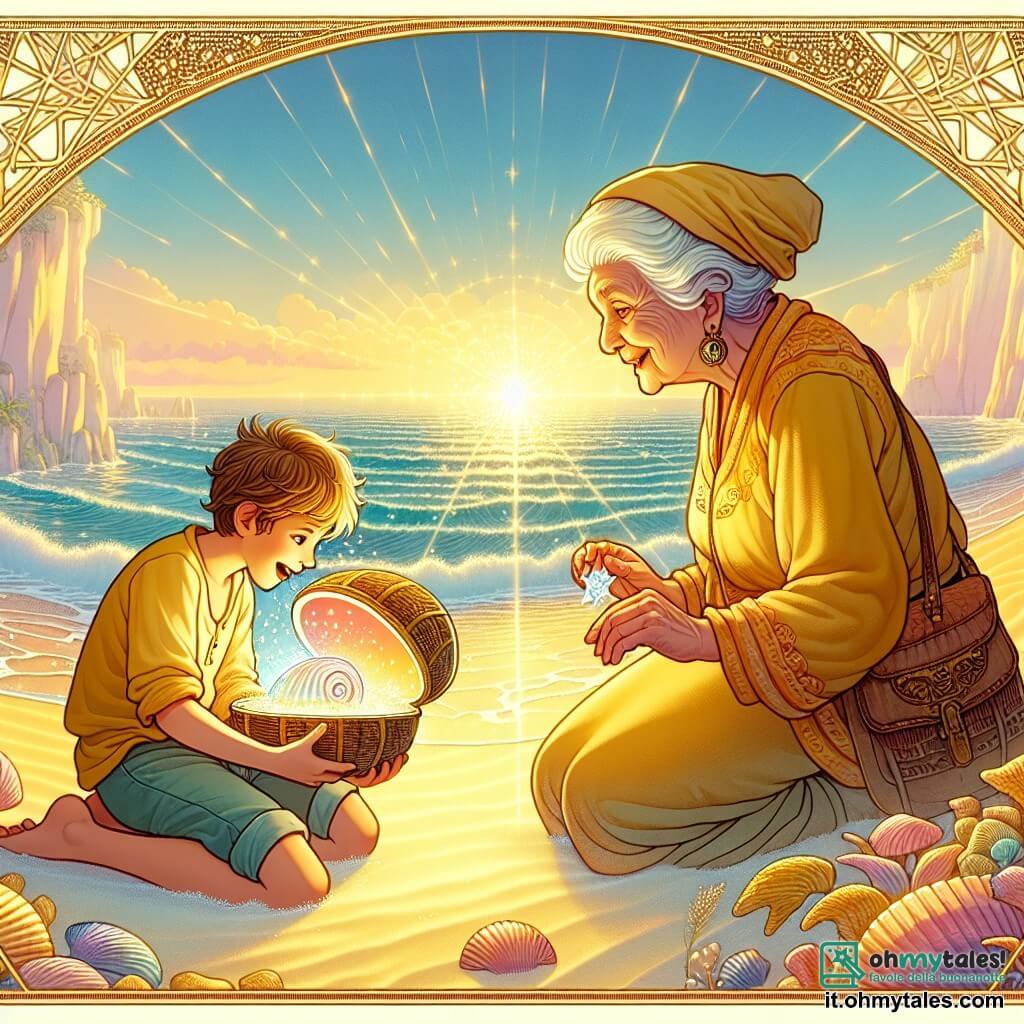 Une illustration destinée aux enfants représentant un garçon curieux et avventuroso, découvrant une conchiglia magica avec l'aide d'une vieille femme sage, sur une plage dorée baignée par les eaux cristallines de la mer scintillante.