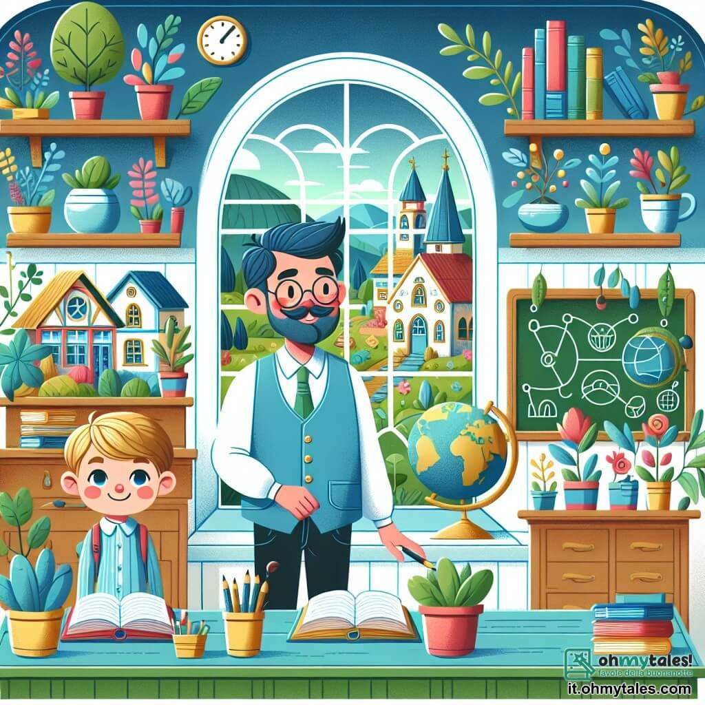 Une illustration destinée aux enfants représentant un instituteur bienveillant, un garçon curieux et une classe colorée remplie de livres, de globes terrestres et de plantes, dans une petite école au cœur d'un village enchanté.