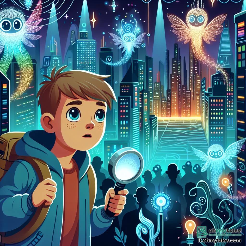 Une illustration destinée aux enfants représentant un garçon aux yeux curieux explorant une ville futuriste pleine de lumières vives, accompagné par des créatures surnaturelles aux ailes scintillantes, dans les profondeurs mystérieuses d'une métropole souterraine appelée Neon City.