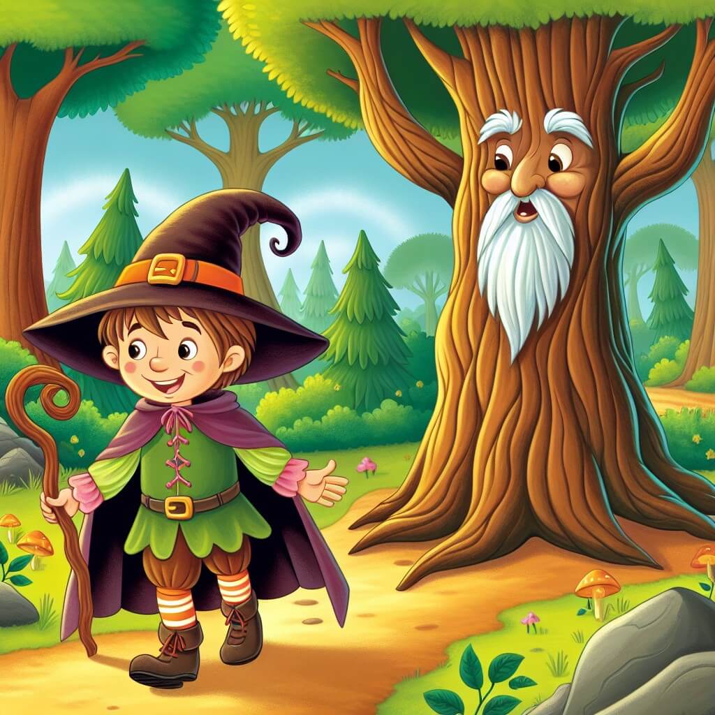 Une illustration destinée aux enfants représentant une apprentie sorcière espiègle, se baladant dans une forêt enchantée, accompagnée d'un arbre parlant sage et bienveillant, dans le magnifique village magique de Magilandia.