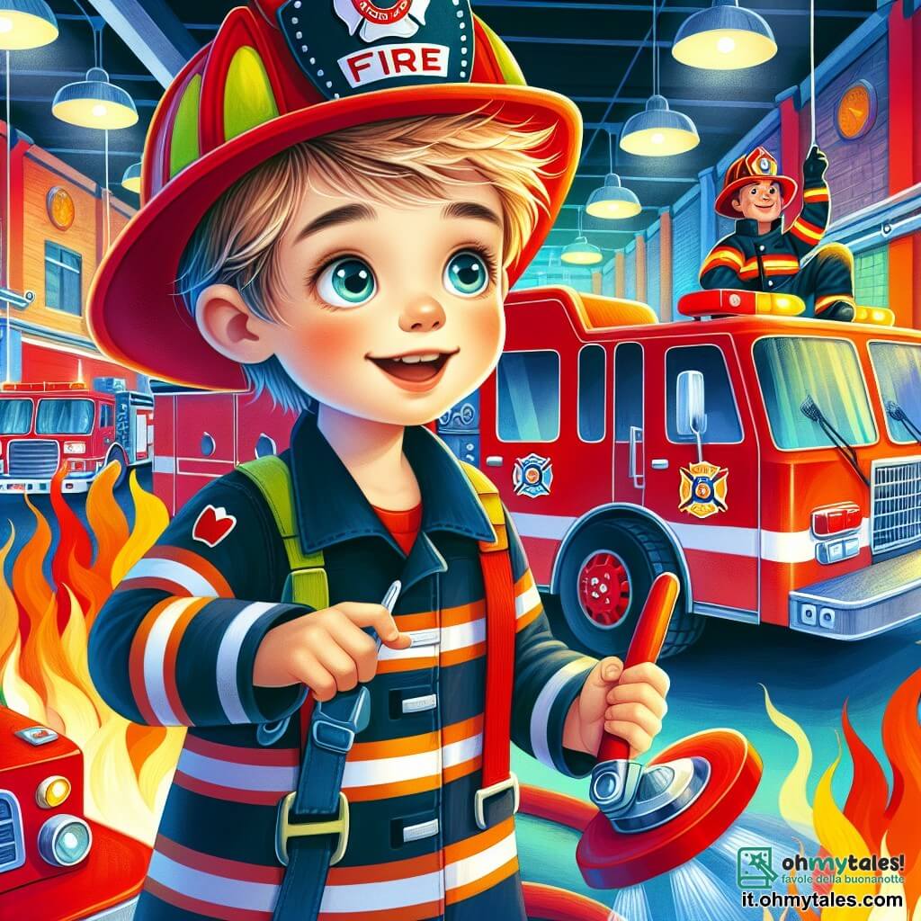 Une illustration destinée aux enfants représentant un jeune garçon passionné par les pompiers, vivant une aventure extraordinaire aux côtés du Capitaine des pompiers, dans une caserne colorée et animée par les camions rouges et les outils de sauvetage.