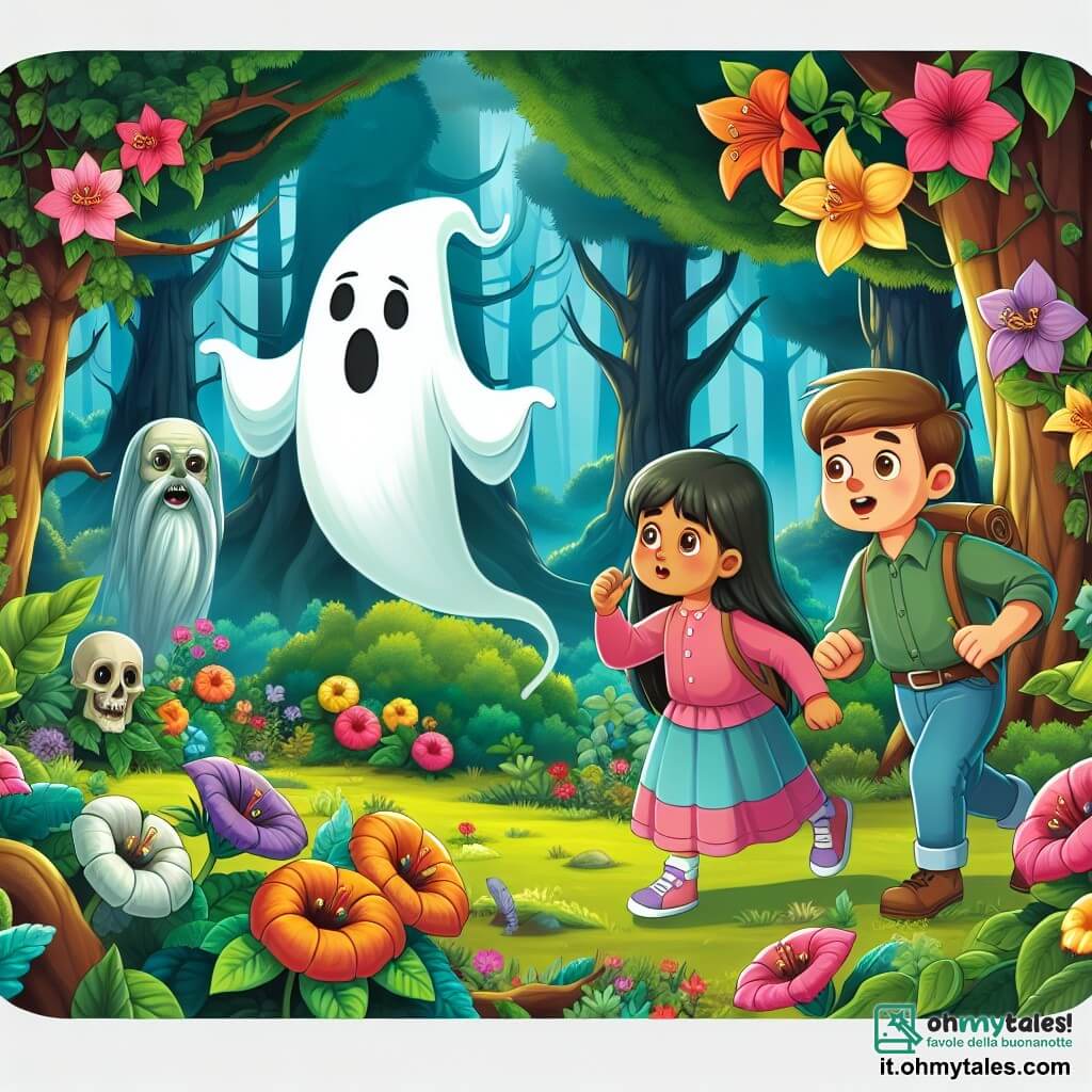 Une illustration destinée aux enfants représentant un fantôme bienveillant, flottant dans une forêt enchantée, accompagné d'une jeune fille curieuse, à la recherche d'une créature légendaire, dans un décor luxuriant rempli de fleurs colorées et d'arbres majestueux.