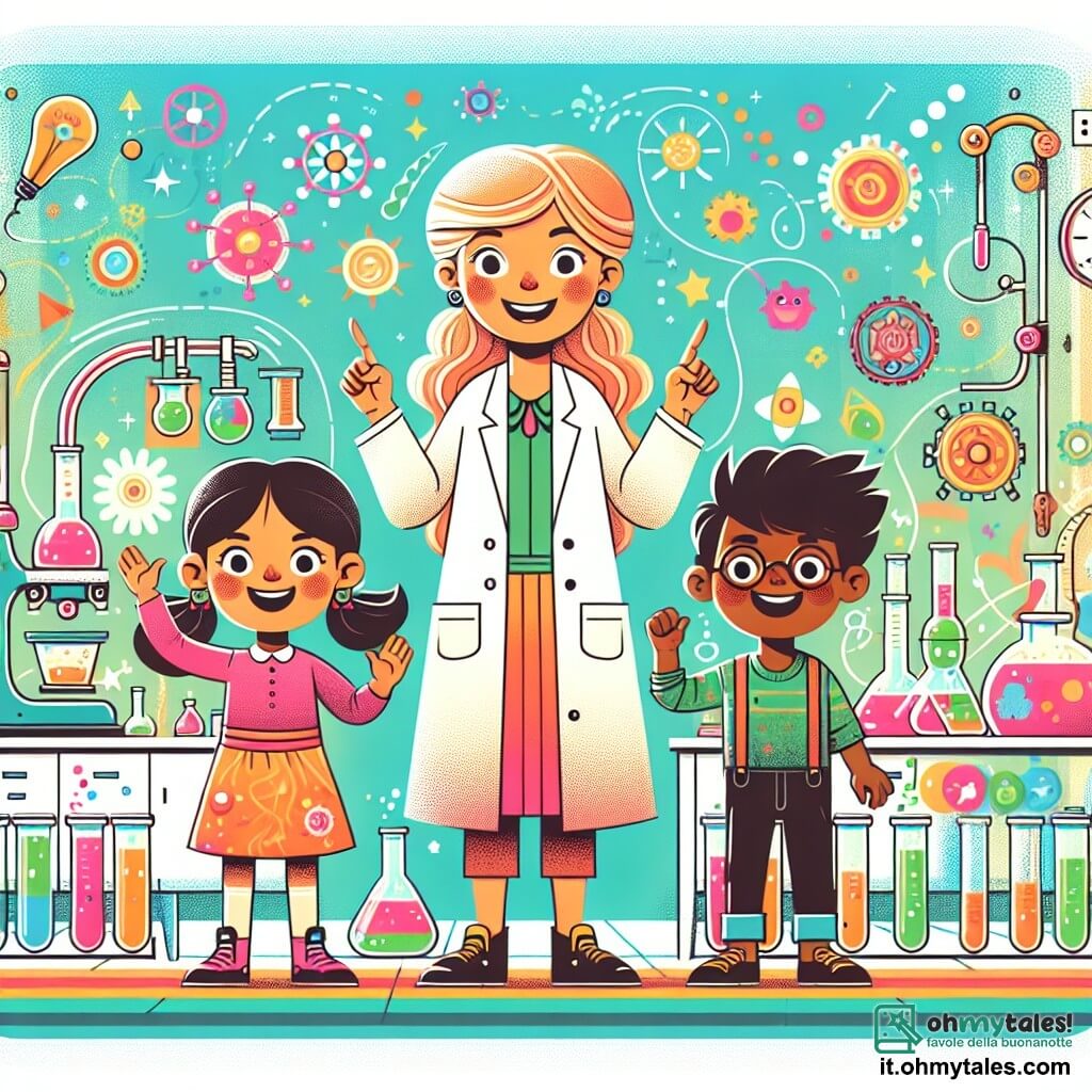 Une illustration destinée aux enfants représentant une inventrice créative et curieuse, accompagnée de deux jeunes assistants plein d'énergie, dans un laboratoire coloré rempli d'ingrédients magiques et de machines étranges.
