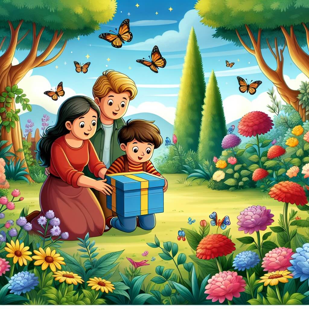 Une illustration destinée aux enfants représentant un jeune garçon intrépide et curieux, accompagné de ses parents, découvrant une mystérieuse boîte colorée dans leur magnifique jardin fleuri aux arbres majestueux et aux papillons virevoltants.