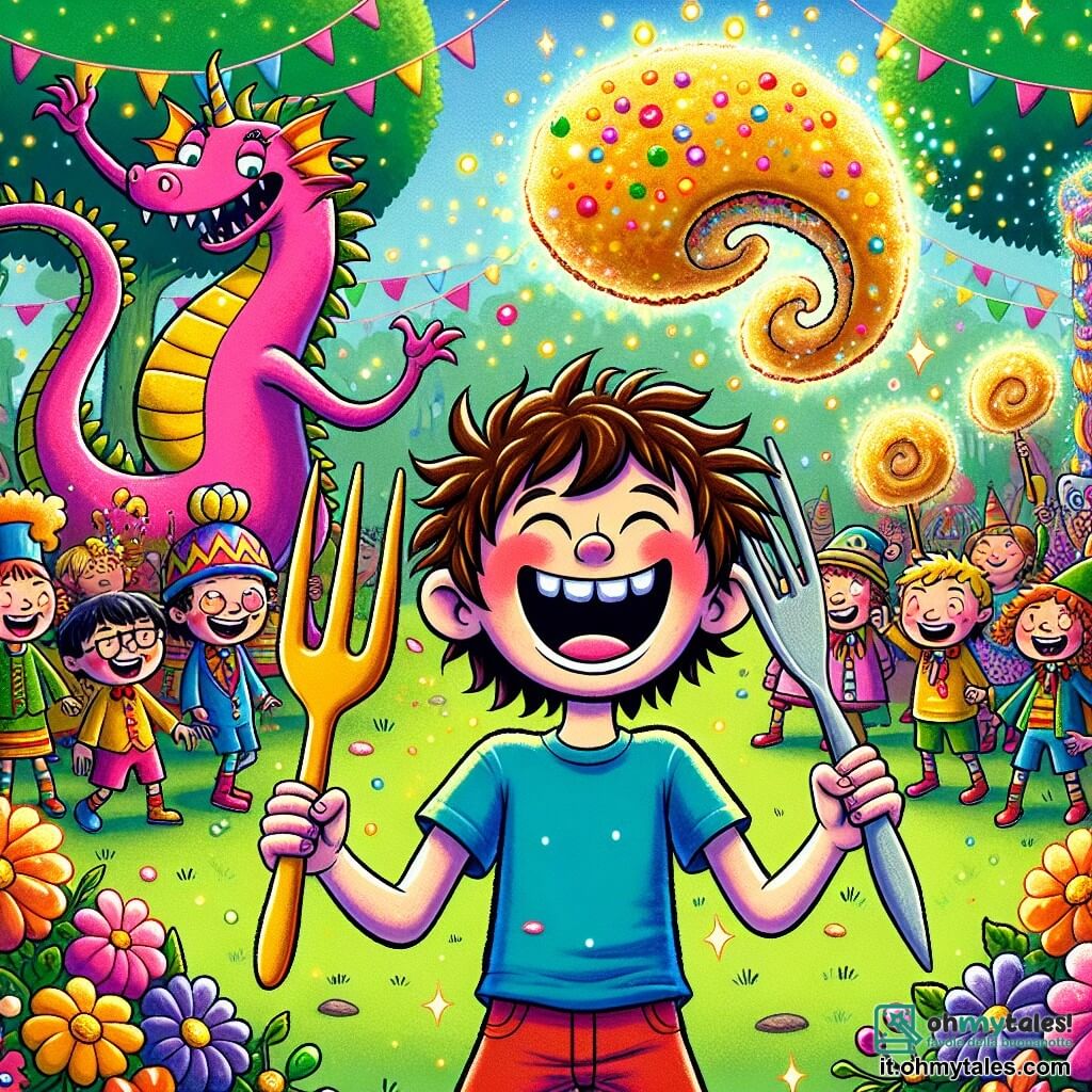 Illustrazione che rappresenta un parco soleggiato, pieno di fiori colorati e alberi con foglie verdi. Al centro, un ragazzo di 9 anni, con capelli castani disordinati, indossa una maglietta blu e pantaloni corti rossi, ride a crepapelle mentre tiene una grande forchetta dorata. Accanto a lui, un drago rosa, con squame scintillanti, un piccolo cappello da cuoco e un grande sorriso, sta rubando fette di frittella gigante che fluttuano nell'aria come nuvole di felicità. Sullo sfondo, un gruppo di bambini di circa 8-10 anni, con volti gioiosi e vestiti colorati, si tiene in cerchio, ridendo e applaudendo, mentre un uomo strano, con un cappello a forma di pesce e occhiali sovradimensionati, balla facendo gesti divertenti. L'atmosfera è piena di risate e magia, con scintillii di luce attorno alla frittella gigante, creando un'ambientazione festosa e gioiosa.
