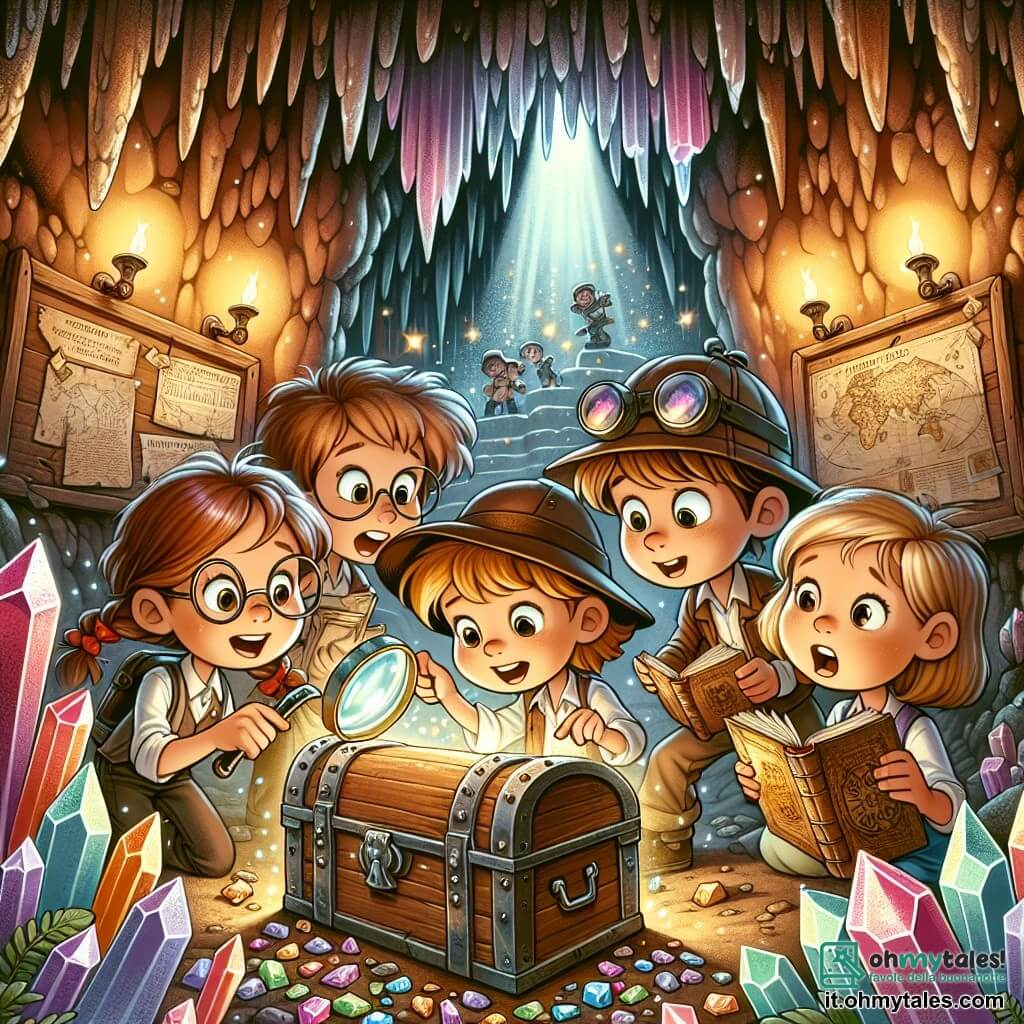Illustrazione che rappresenta una grotta misteriosa, con muri ornati di cristalli scintillanti che riflettono luci colorate. Al centro, un grande baule di legno antico, leggermente aperto, rivela libri e mappe antiche. In questa scena, ci sono quattro giovani investigatori: un ragazzo di 10 anni con capelli castani arruffati, che tiene una lente d'ingrandimento in una mano e un sorriso eccitato sul volto; una ragazza di 9 anni con trecce bionde, che guarda il baule con occhi sgranati, tenendo un vecchio libro nell'altra mano; un ragazzo di 11 anni con occhiali e un cappello da esploratore, che indica una mappa appesa al muro; e una ragazza di 10 anni con capelli castani, che prende appunti in un taccuino, con un'espressione determinata. La scena principale mostra i giovani investigatori che scoprono un tesoro nascosto nella grotta, pieni di meraviglia ed eccitazione, pronti a risolvere il mistero del passato. Sullo sfondo, ombre di stalattiti e riflessi di luce aggiungono un'atmosfera magica a questa scena d'avventura.