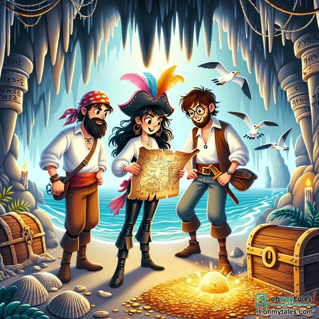 Illustrazione che rappresenta una caverna misteriosa, con pareti scintillanti di umidità e ornate di antiche iscrizioni. Delle stalattiti pendono dal soffitto, mentre una luce dorata emana da un tesoro nascosto al centro, illuminando l'oscurità circostante. In primo piano, una donna coraggiosa, con lunghi capelli neri che fluttuano al vento, indossa un cappello da pirata decorato con piume colorate. È vestita con una camicia bianca e pantaloni di pelle, brandendo una mappa del tesoro con uno sguardo determinato. Accanto a lei, due giovani di circa 20 anni, uno con capelli castani e una barba nascente, l'altro con capelli biondi e occhiali, esaminano attentamente la mappa, mostrando entusiasmo e curiosità. La scena trasmette un'atmosfera di avventura e mistero, con onde del mare visibili all'esterno dell'ingresso della caverna e uccelli marini che volano sopra. Dettagli come bauli di legno, monete d'oro sparse e conchiglie aggiungono all'atmosfera piratesca dell'illustrazione.