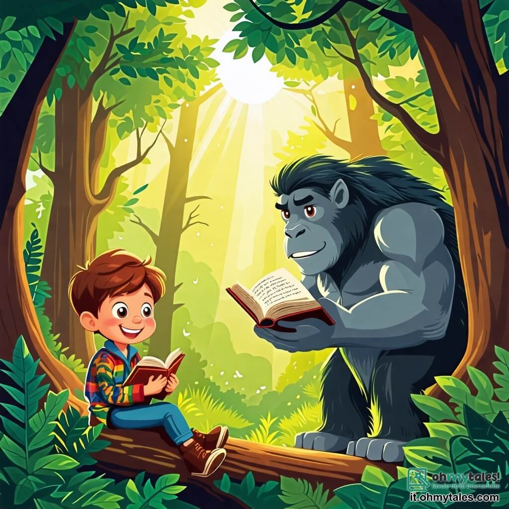 Illustrazione che rappresenta una foresta incantata, con grandi alberi dai tronchi spessi e foglie di un verde brillante, illuminata da raggi di sole che filtrano attraverso il fogliame. Al centro della scena, un giovane ragazzo dai capelli castani e dagli occhi brillanti, vestito con un giubbotto di lana colorato e pantaloni di tela, è seduto su un tronco d'albero, con un sorriso gioioso sul volto. Tiene un antico libro aperto sulle ginocchia, i suoi dita sfiorano le pagine come se stesse scoprendo un segreto magico. Nelle vicinanze, un grande orco dal viso dolce e triste, con la pelle grigia e occhi espressivi, osserva il ragazzo con curiosità. Le sue braccia muscolose sono incrociate sul petto, e sembra sia imponente che amichevole. La scena principale mostra il ragazzo e l'orco mentre discutono, circondati da fiori colorati e lucciole scintillanti, simboleggiando l'amicizia nascente tra loro. Sullo sfondo, animali della foresta, come uccelli e scoiattoli, aggiungono vita a questa scena magica, mentre un sentiero di pietre si snoda attraverso la foresta, invitando i visitatori a esplorare questo giardino incantato.