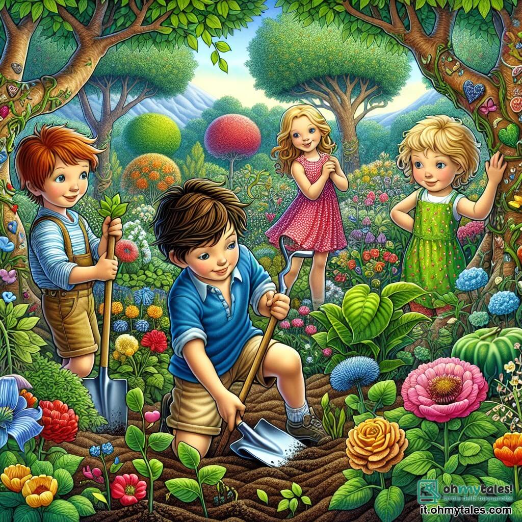 Illustrazione che rappresenta un giardino magico in piena fioritura, con alberi dai tronchi spessi e foglie di un verde brillante, punteggiato di fiori colorati dai petali vivaci di rosso, giallo e blu. Al centro, un gruppo di quattro bambini: un ragazzo dai capelli castani, di circa 10 anni, che indossa una maglietta blu e pantaloni beige, sorride con entusiasmo mentre tiene una pala. Accanto a lui, una ragazza dai capelli biondi, di 9 anni, vestita con un abito rosa a pois, si inginocchia per piantare semi con cura. Un altro ragazzo, dai capelli castani e di 11 anni, con un cappellino verde e una maglietta a righe, osserva con aria concentrata, mentre una ragazza dai capelli rossi, di circa 10 anni, vestita con una canotta gialla, sta in piedi con le braccia incrociate, incoraggiando i suoi amici. Sullo sfondo, un piccolo drago verde con squame scintillanti sorvola il giardino, sputando scintille di gioia, mentre il sole brilla in un cielo azzurro chiaro, aggiungendo un tocco di magia a questa scena di avventura e amicizia.
