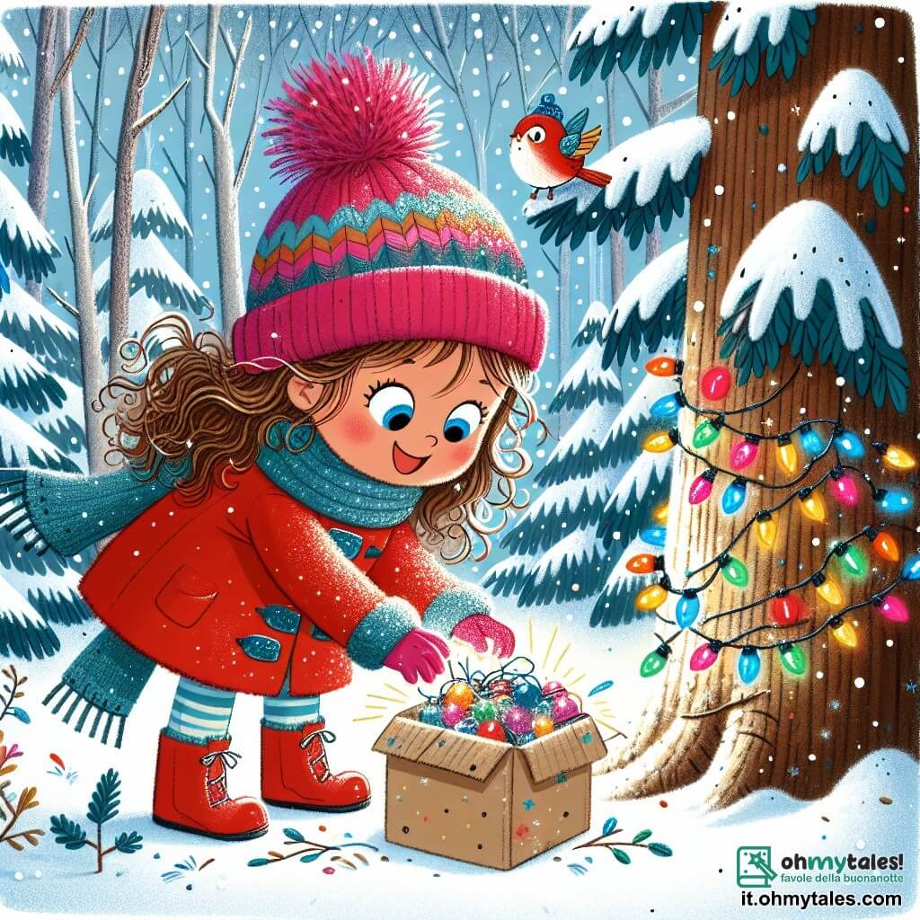 Une illustration sous forme de dessin destinée aux enfants représentant une forêt enneigée, avec des arbres majestueux recouverts de neige scintillante, où une petite fille de 3 ans aux cheveux bouclés et vêtue d'un manteau rouge vif et d'un bonnet en laine, souriante et pleine d'enthousiasme, se penche pour ramasser une boîte scintillante pleine de lumières colorées, tandis qu'un petit oiseau bleu aux plumes brillantes, perché sur une branche, la regarde avec des yeux pétillants d'excitation, illustrant ainsi leur aventure pour sauver les lumières de Noël.