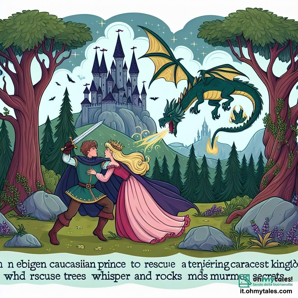Une illustration destinée aux enfants représentant un prince courageux, affrontant un dragon terrifiant pour sauver une princesse emprisonnée, dans un royaume ensorcelé aux arbres qui murmurent et aux rochers qui sussurent des secrets.