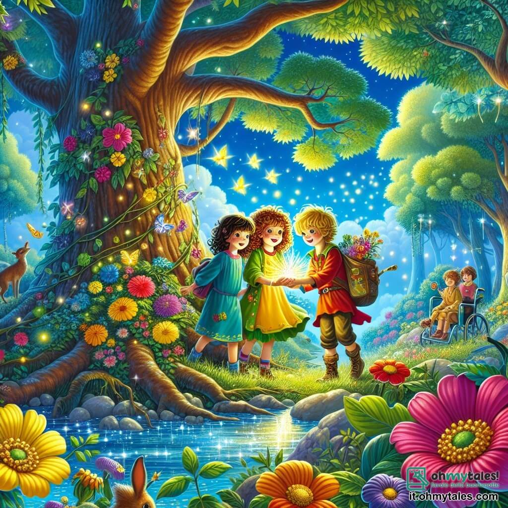 Illustrazione che rappresenta una scena magica in una foresta incantata, dove grandi alberi con tronchi spessi e foglie di un verde brillante si ergono sotto un cielo blu punteggiato di nuvole soffici. Fiori colorati, dai petali vibranti di rosso, giallo e viola, danzano dolcemente nella leggera brezza. Al centro dell'immagine, tre giovani avventuriere: una ragazza di 8 anni con capelli ricci e un vestito giallo, che guarda con meraviglia una luce scintillante nelle sue mani; una ragazza di 7 anni, con capelli lisci e un abbigliamento colorato, che tiene una piccola barca fatta di rami e fiori, pronta a attraversare un ruscello scintillante; e una ragazza di 9 anni, seduta in una sedia a rotelle decorata con disegni, sorridente e determinata, incoraggiando le sue amiche ad andare avanti. La situazione principale mostra le tre amiche unite, pronte a raccogliere la sfida di ritrovare la Luce dell'Amicizia, circondate da creature fantastiche come un coniglietto con un cappello e una grande farfalla dalle ali multicolori che volano intorno a loro, aggiungendo un tocco di magia a quest'avventura. Raggi di luce dorata emanano dalla fonte luminosa, illuminando la scena con un'atmosfera gioiosa e piena di speranza.