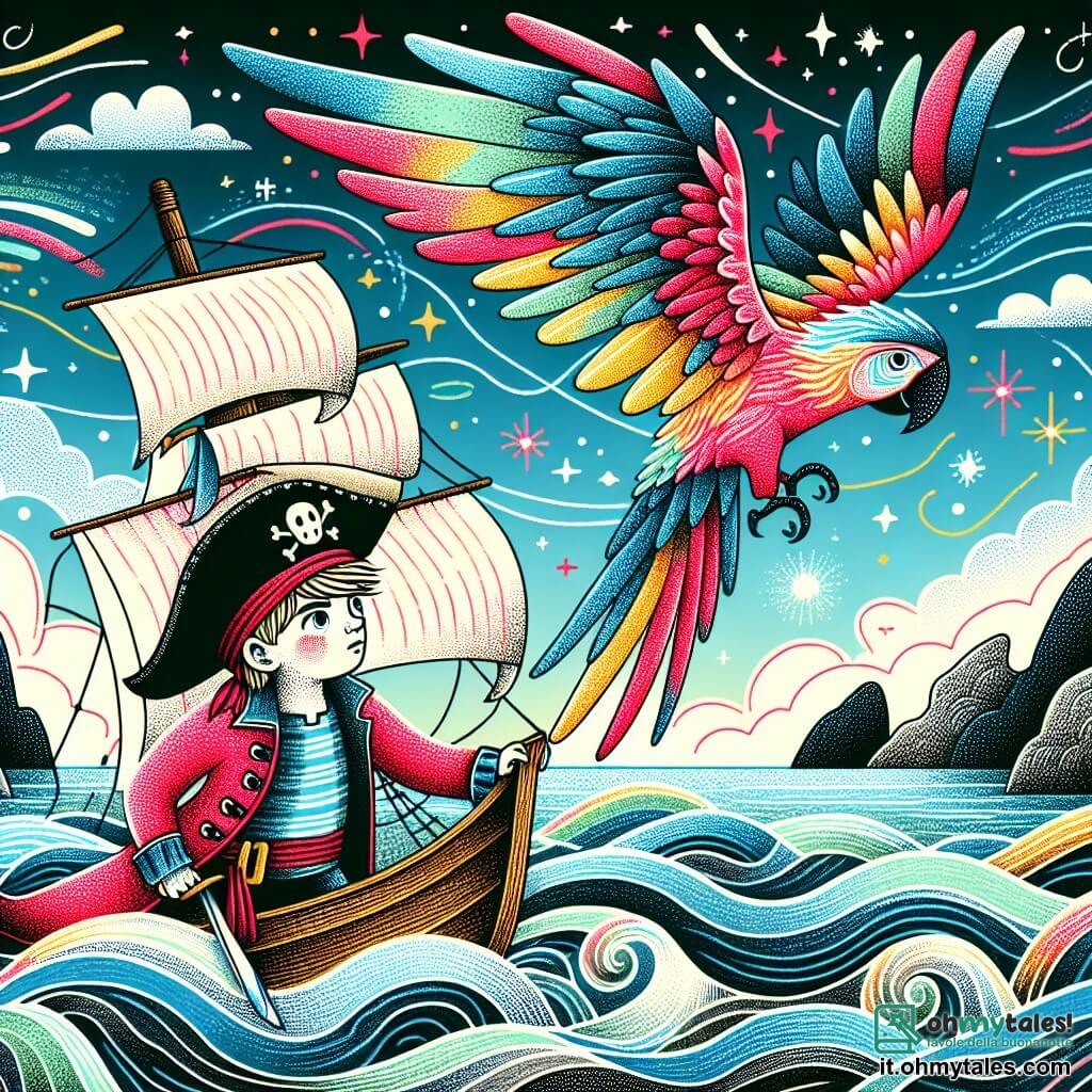 Une illustration destinée aux enfants représentant un jeune garçon intrépide, capitaine d'un navire pirate, accompagné de son fidèle perroquet aux plumes multicolores, naviguant sur une mer scintillante parsemée d'îles mystérieuses et de tempêtes tumultueuses.