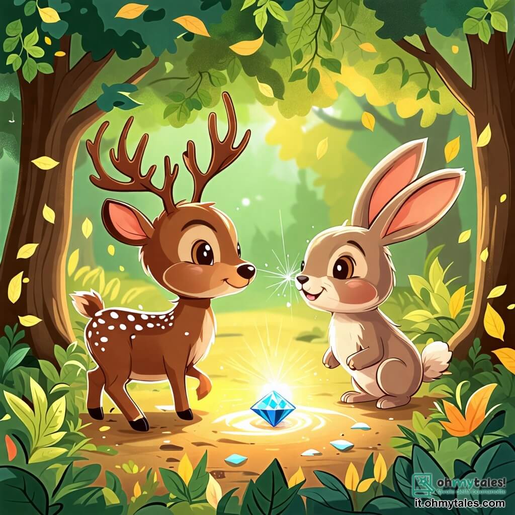 Une illustration sous forme de dessin destinée aux enfants représentant une forêt enchantée, avec des arbres majestueux aux feuilles vertes et dorées, où un petit renne au pelage doux et brillant, aux grands yeux curieux, s'arrête pour admirer un diamant scintillant dans le fango, tandis qu'une joyeuse lepre au pelage brun clair, avec de grandes oreilles et un sourire éclatant, s'approche en sautillant, illustrant ainsi l'importance de l'amitié et du jeu par rapport aux trésors matériels.