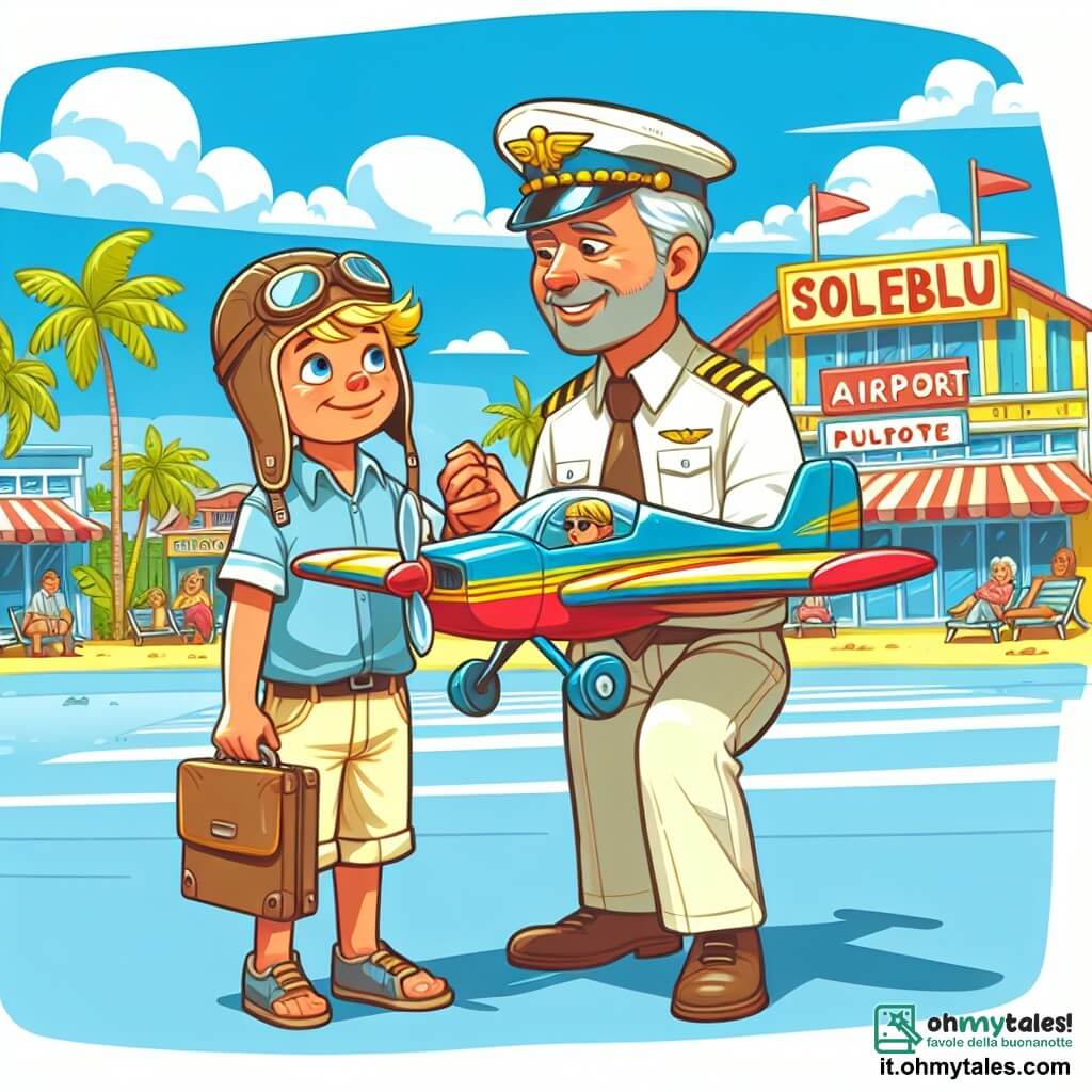 Une illustration destinée aux enfants représentant un jeune pilote d'avion passionné, effectuant son premier vol en solitaire accompagné de son fidèle instructeur, dans un aéroport coloré et animé de la petite ville ensoleillée de Soleblu.