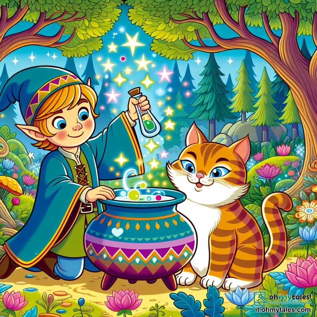Une illustration destinée aux enfants représentant un jeune elfe garçon, en train de concocter une potion magique avec l'aide d'un chat parlant géant, dans une clairière enchantée de la Forêt Incantée, où les arbres brillent de mille couleurs et les fleurs dansent au rythme de la magie.