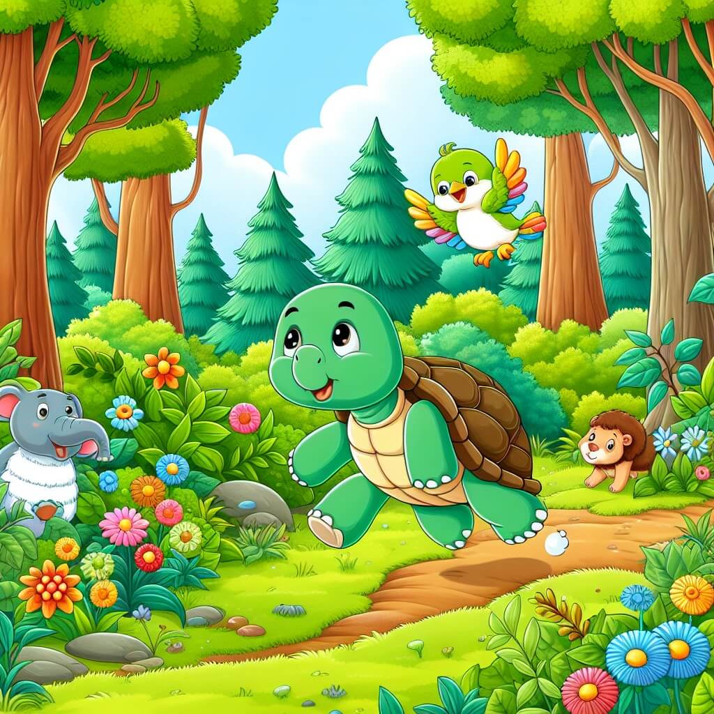 Une illustration destinée aux enfants représentant une tortue aventurière se perdant dans une forêt enchantée, accompagnée d'un joyeux oiseau jaune, dans un paysage verdoyant avec de grands arbres, des fleurs colorées et des animaux curieux.