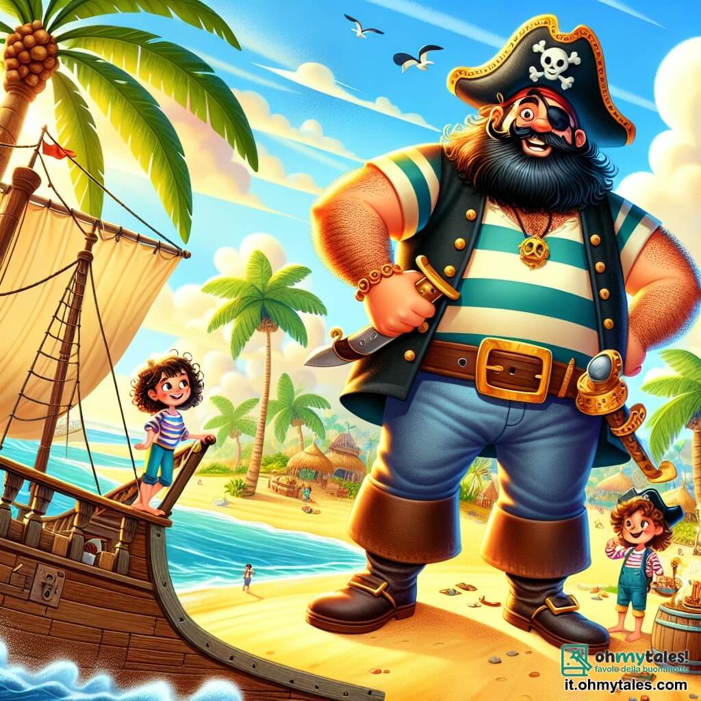 Une illustration sous forme de dessin destinée aux enfants représentant une île tropicale ensoleillée avec des palmiers verdoyants et une plage de sable doré, où un homme grand et robuste avec une longue barbe noire et un tricorne trop grand, brandissant une épée en bois, se tient fier sur le pont de son vaisseau pirate, tandis qu'une fille aux cheveux bouclés et aux yeux malicieux, vêtue d'une chemise à rayures, consulte une carte au trésor, et un garçon au sourire éclatant, portant un grand tablier, prépare des plats délicieux à l'arrière-plan, alors qu'ils se préparent à affronter un rival pirate pour trouver un trésor magique caché.